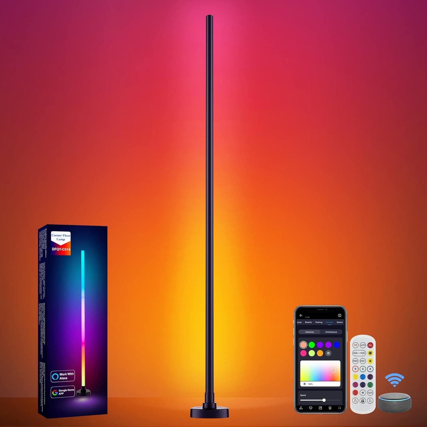 Gaoxun RGB LED Floor Lamp, Smart 49" Color Changing Corner Work with Alexa,Google Assistant and WiFi APP,DIY & 21 Scene Mode, Music Sync,Corner Floor Lamp for Living Room (49in-Black)