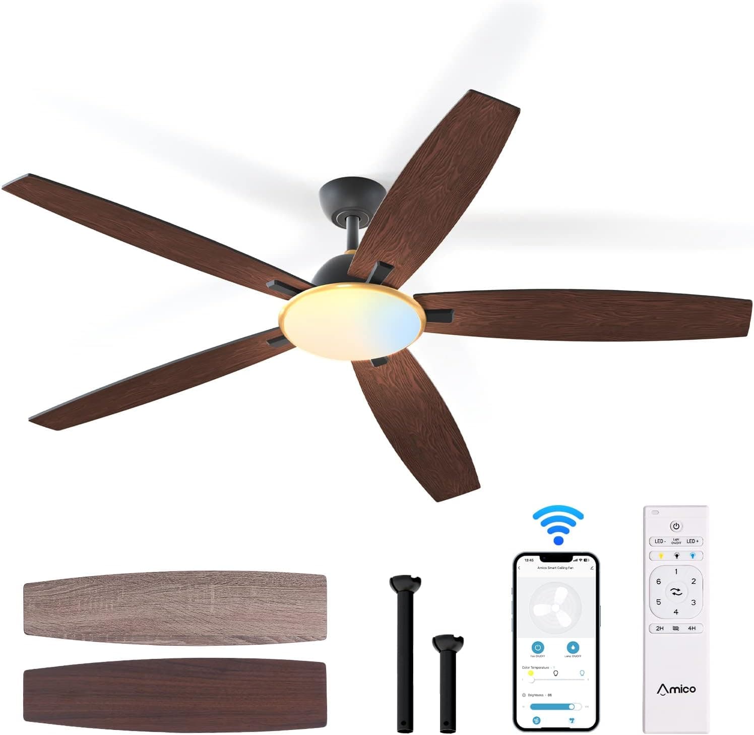 Amico Ceiling Fans with Lights, 52'' Smart Modern Ceiling Fan with Remote Control, Reversible DC Motor, 5 Blades, 6 Speeds, 3CCT, Dimmable, Noiseless, Alexa Ceiling Fan for Bedroom, Kitchen, Farmhouse