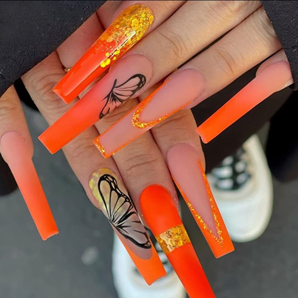 24 Pcs Press on Nails Long Butterfly Fake Nails Acrylic Ballet French Ballet French Full Cover Stick on Nails Orange Bright Black Butterfly adhesive tape on Nails Design Nails for Women and Girls
