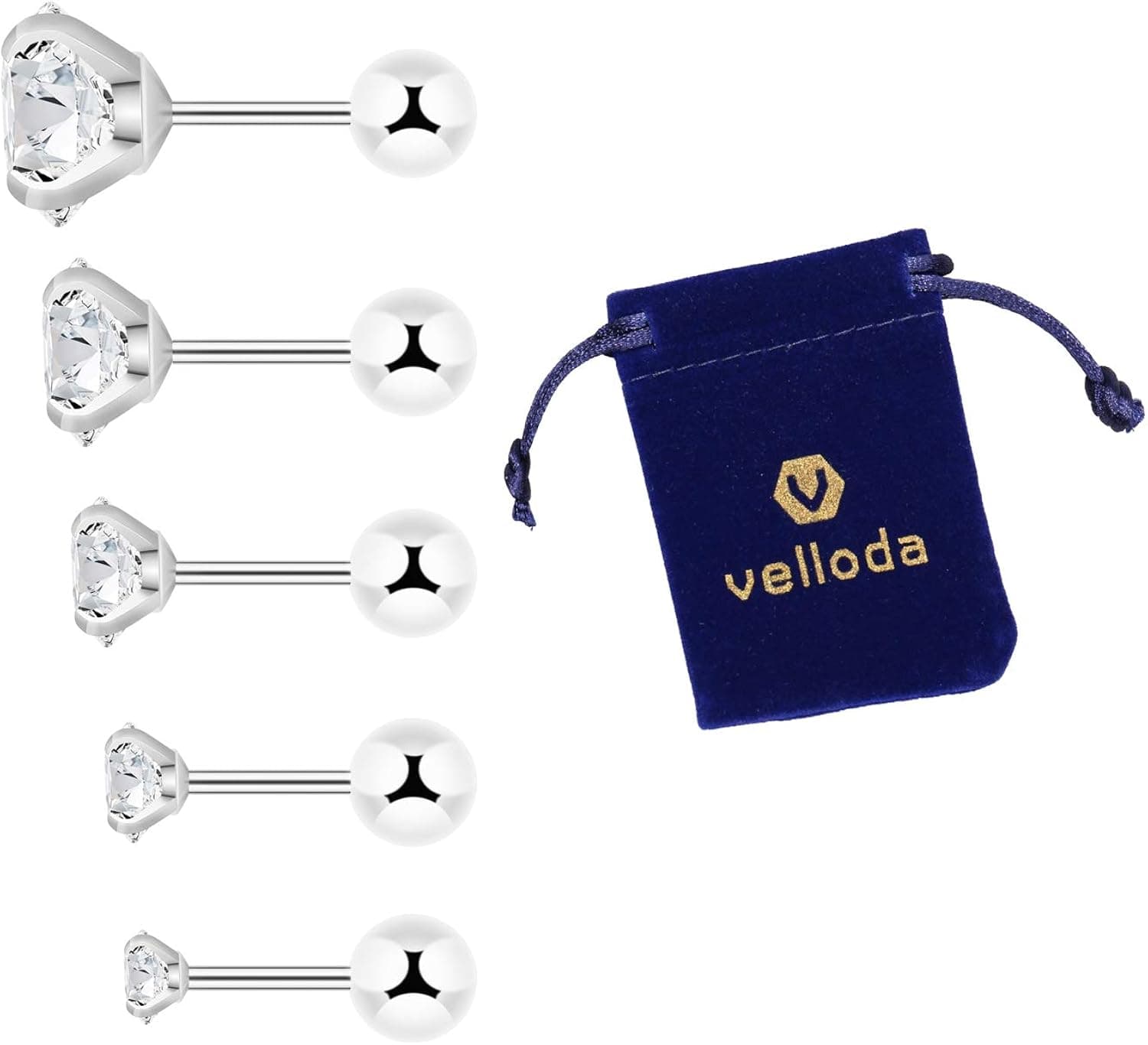 5 Pairs Stud Earrings Set - Cubic Zirconia Fashion Surgical Steel Helix Earrings for Women Men Girls by Velloda