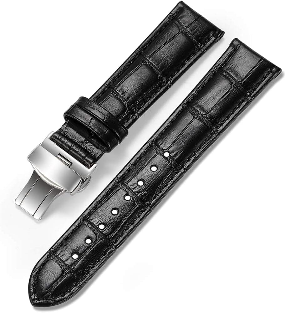 iStrap Leather Watch band -Alligator Grain Embossed Pattern Calfskin Replacement Strap-Stainless Steel Deployment Buckle with Push Buttons-Bracelet for Men Women-18mm 19mm 20mm 21mm 22mm 24mm