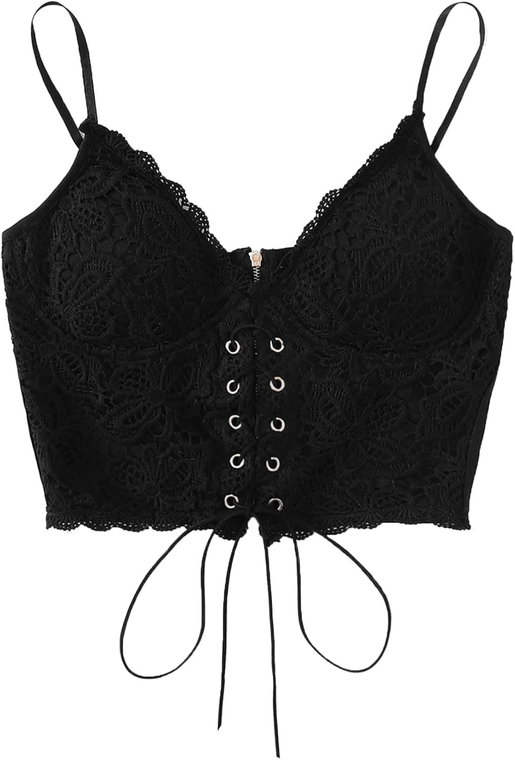 Romwe Women's Eyelet Lace Up Sleeveless Spaghetti Strap Zip Back Crop Camisole Cami Top Vest