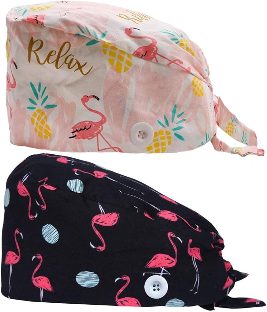 2PCS Cute Printed Working Cap with Button, Adjustable Tie Back Hats Head Covers for Women Men, One Size (Flamingo)