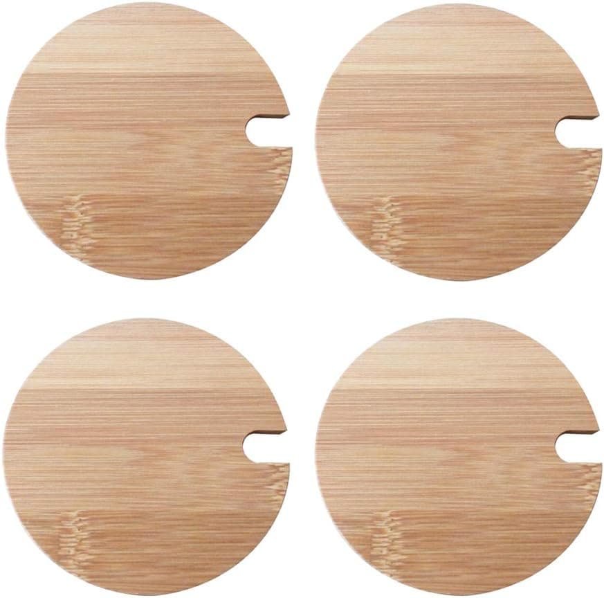 4Pcs Natural Bamboo Mug Lids with Spoon Hole Regular Mouth Mug Cover Heat Resistant Decorative Bamboo Lids Compatible Cup Lid for Drink Cup Coffee Mug Jar (Outer Diameter 3.35inch)