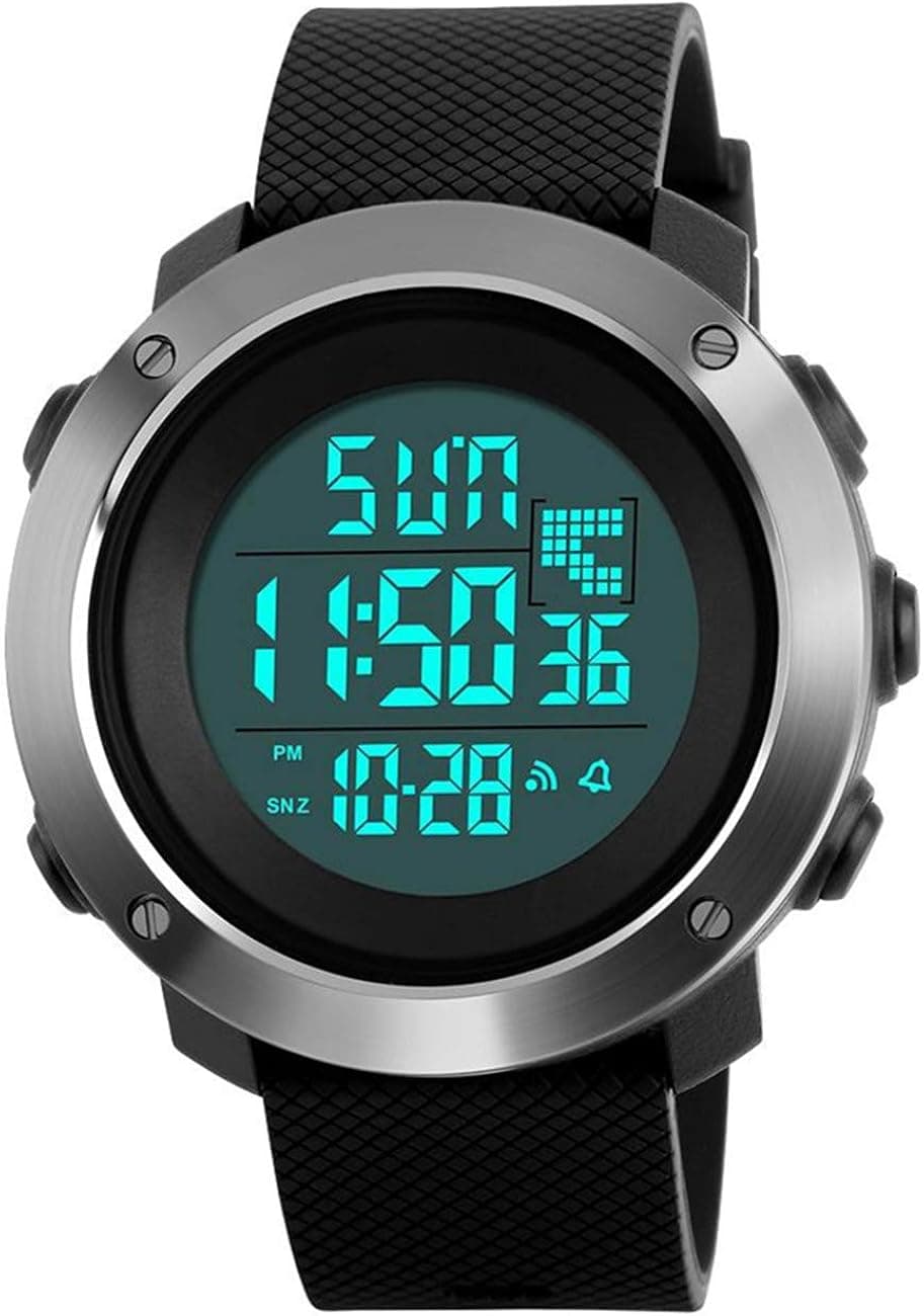 YEENIK Men’s Digital Sports Hand Watch, Led 50M Waterproof Wrist Watch, Military Large Watches for Men with Alarm Stopwatch Dual Time Zone Count Down EL Backlight Calendar Date -Black