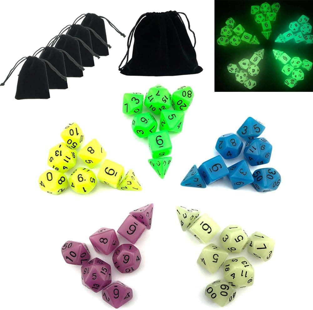 Smartdealspro 5 x 7-Die (35 Pieces) Glowing Glow in The Dark for Dungeons and Dragons DND RPG MTG Pathfinder Table Games Dice Die with Free Pouches
