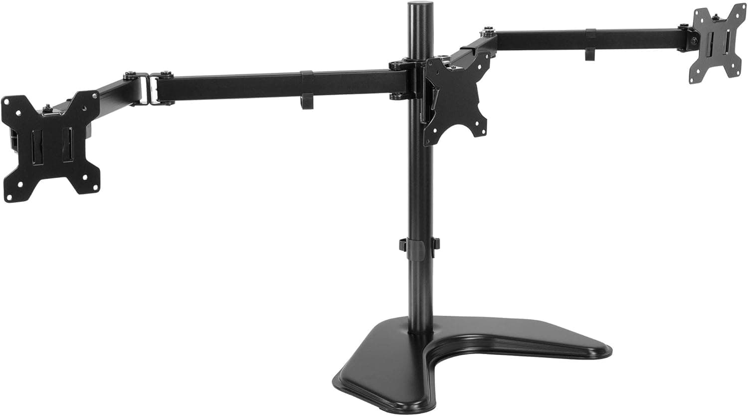 Mount-It! Triple Monitor Stand with Freestanding Base | Computer Screen Desk Mount Fits Up to 27 Inch Monitors, VESA 75, 100 Compatible, Black