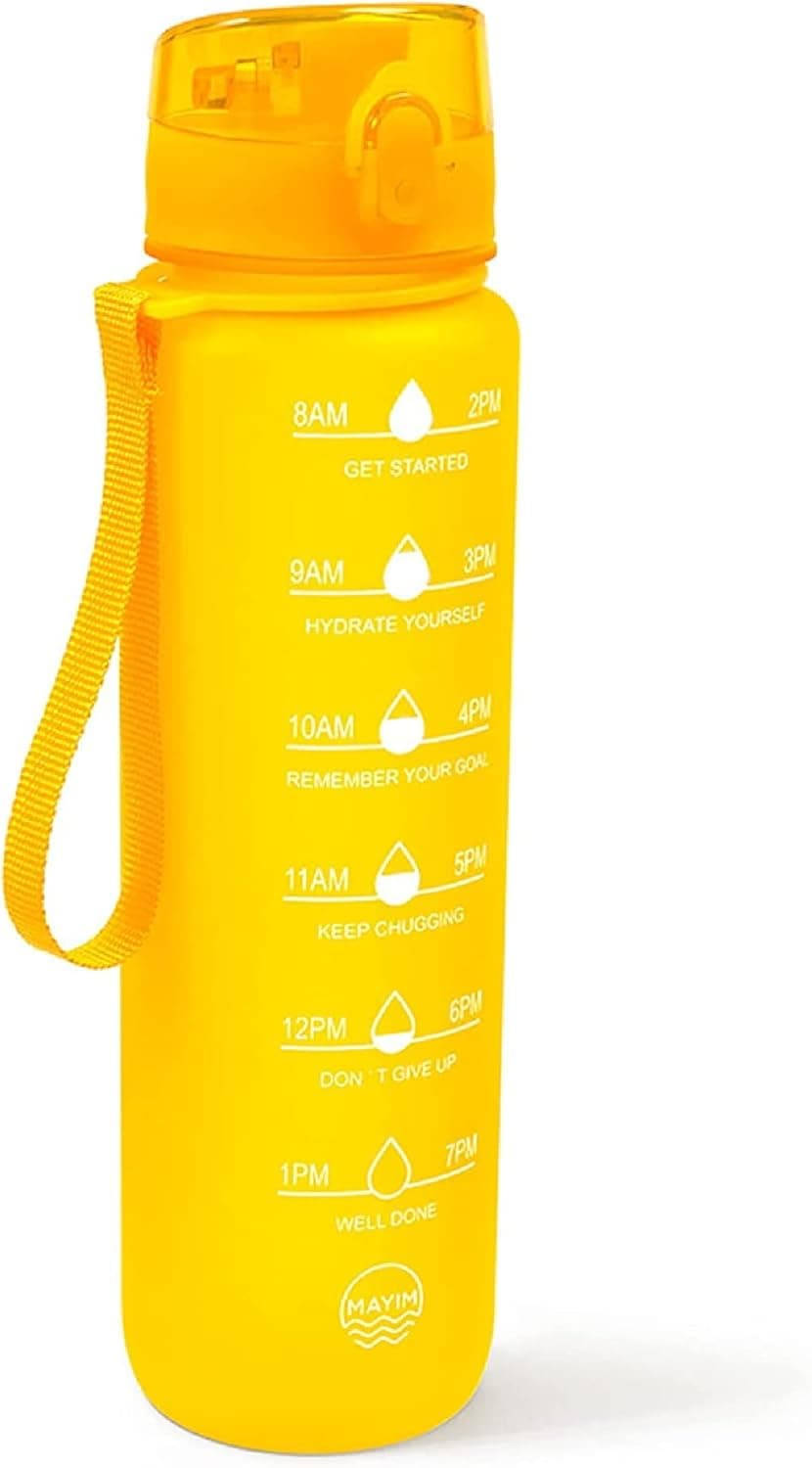 Mayim 32 oz Water Bottles with Times to Drink and Straw, Motivational Water Bottle with Time Marker, Leakproof & BPA Free, Drinking Sports Water Bottle for Fitness, Gym & Outdoor (Yellow)