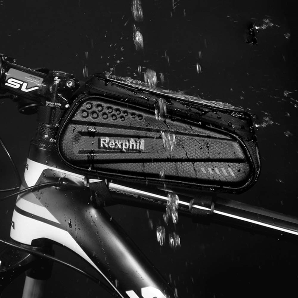 Rexphil Bike Phone Mount Front Frame Handlebar Bags, PU Waterproof Top Tube Storage Zipper Cycling Bag with Touch Screen Fits iPhone X XS Max XR Include 15 in One Multifunctional Bicycle Repair Tool