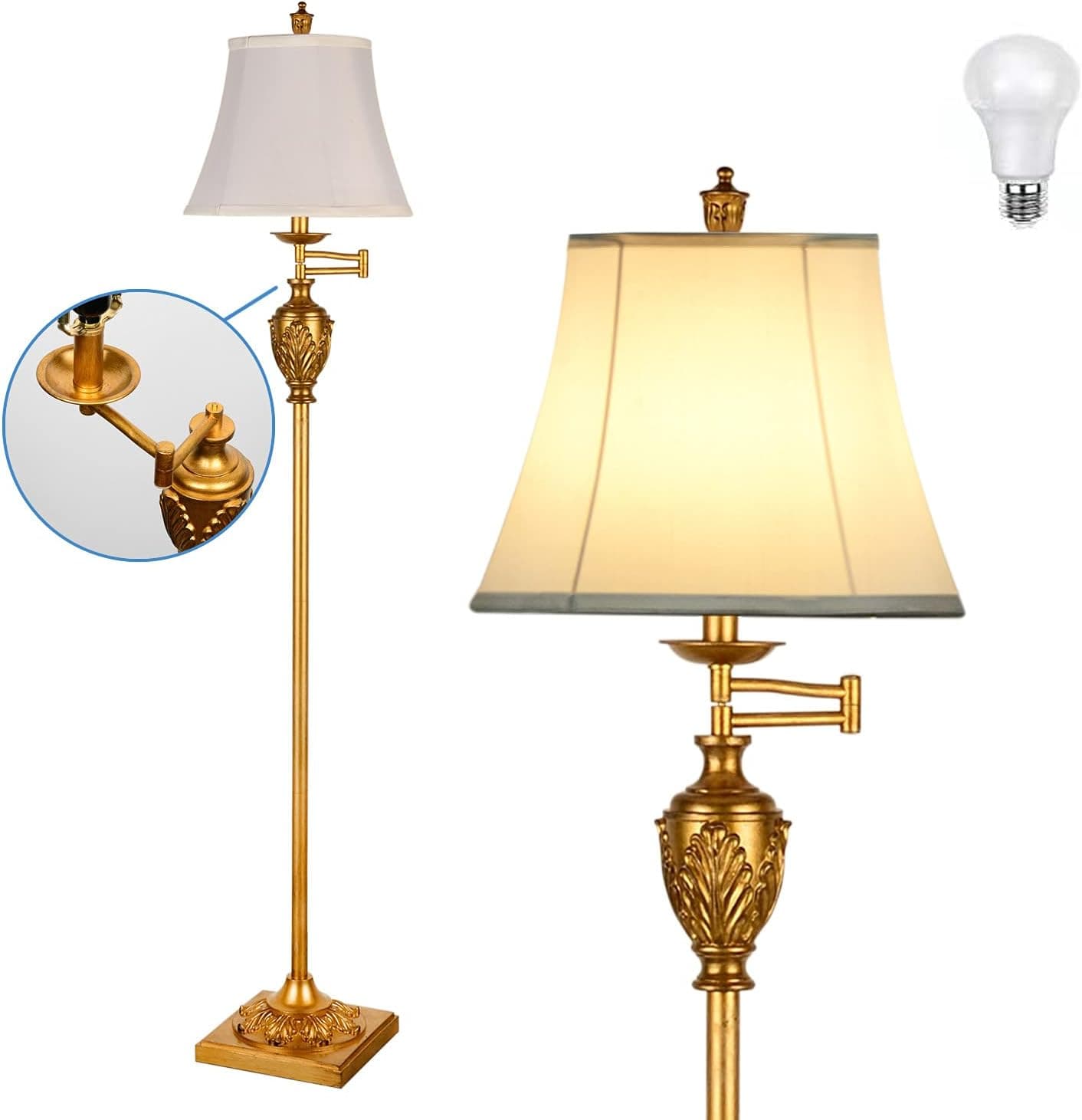 Traditional LED Floor Lamp,350° Adjustable Swing Arm Standing Lamp Vintage Rustic Tall Pole Lamp with Silk Fabric Shade,Led Bulb for Living Room Bedroom Office Oiled Dark Gold Finish Carved Leafwork