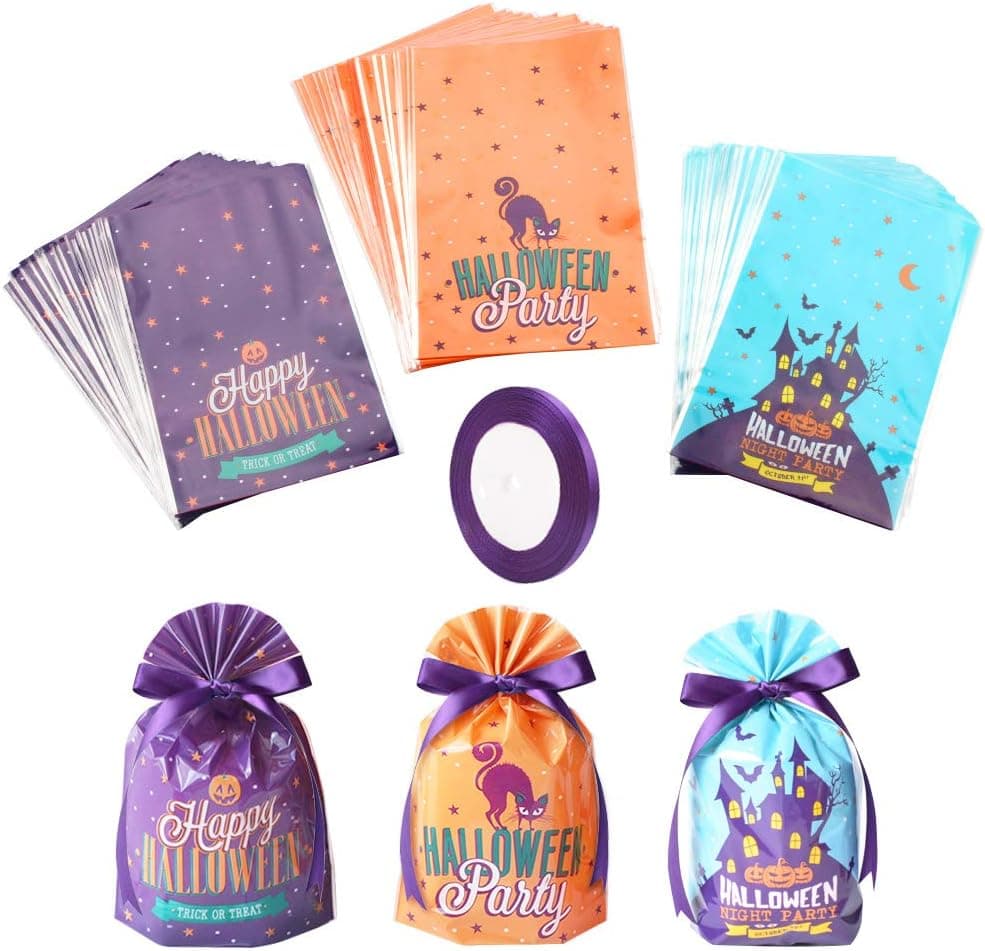 150 Pieces Halloween Candy Bag, Halloween Trick or Treat Bags Funny Halloween Goody Bag with 25 Yard Satin Ribbon for Candy Biscuit Halloween Party Supplies (3 Colors)