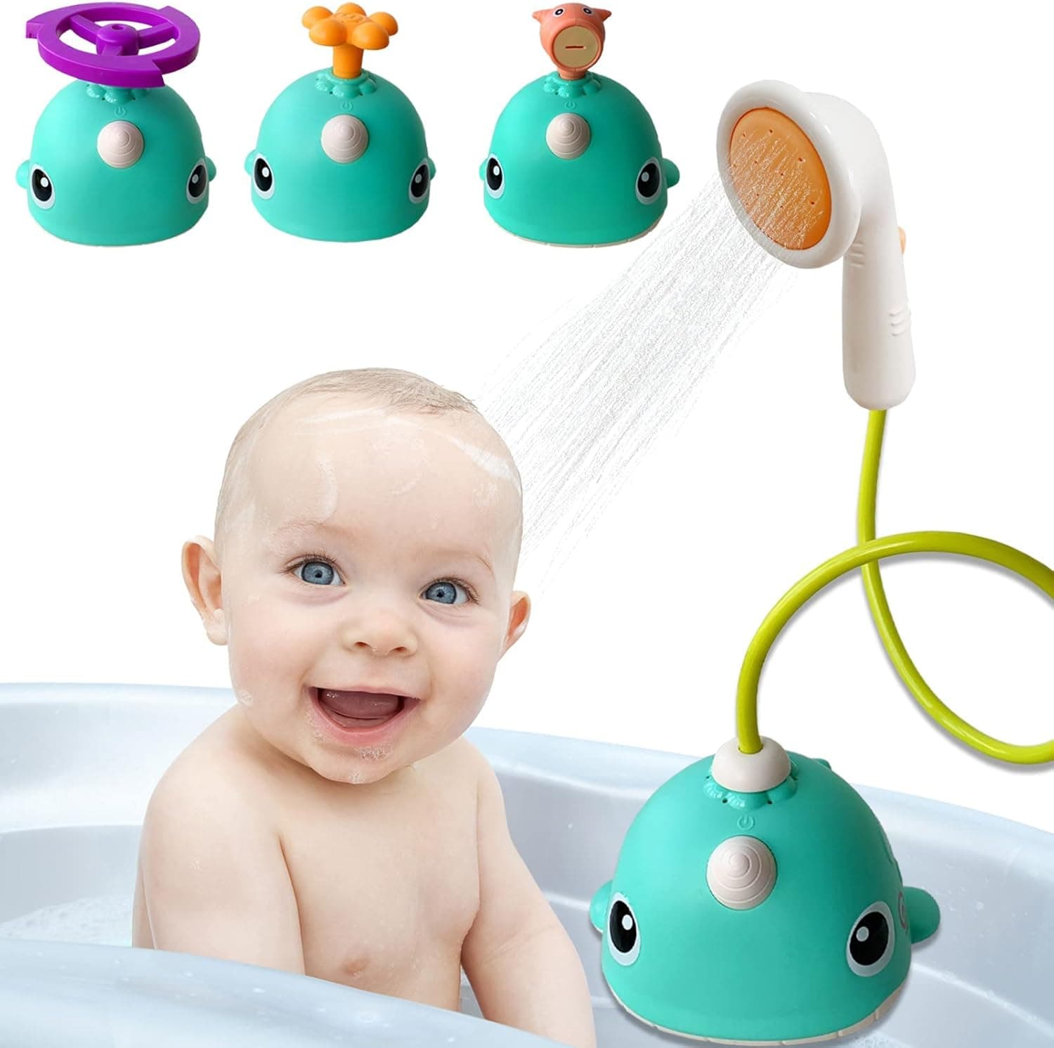 HsngYHL Baby Bath Toy with Shower Head and 3 Water Spray Head Bathtub Toys, Whales Squirt Shower Faucet and Bathtub Water Pump Bathing time Essentials for Toddlers Infants Kids (Green)