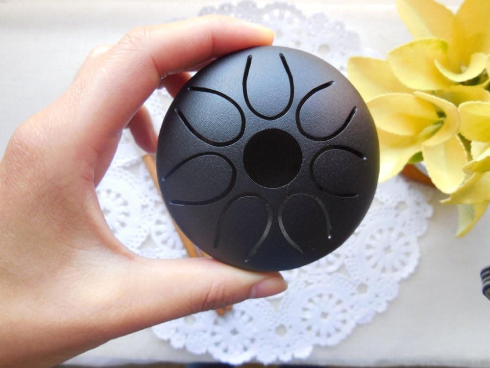 Mini Handmade 3" Steel Tongue Drum/Mini Handpan, 7 notes, with 2 sticks + leather bag, Sound Therapy, meditation, Healing (Black)