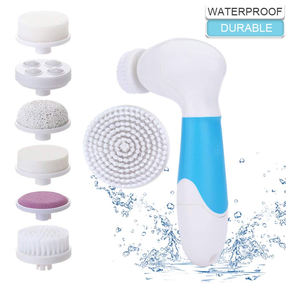 MOSCHOW 7-in-1 Facial Cleansing Brush【New Version】, Waterproof Face Brush for Cleansing with 7 Exfoliating Brush Heads for Deep Cleansing and Exfoliating (Battery Operated)