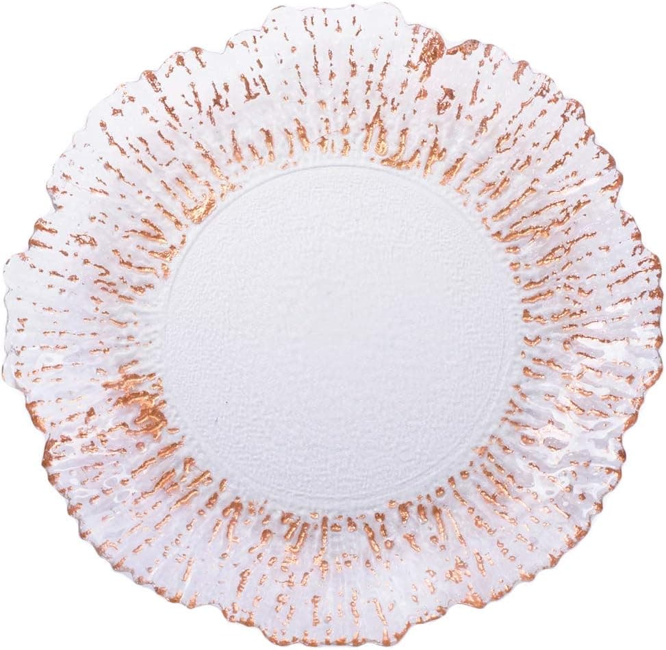 Koyal Wholesale Reef Glass Charger Plates, Bulk Set of 4, Copper Foil Luster Rim Starburst Charger Plates Table Setting