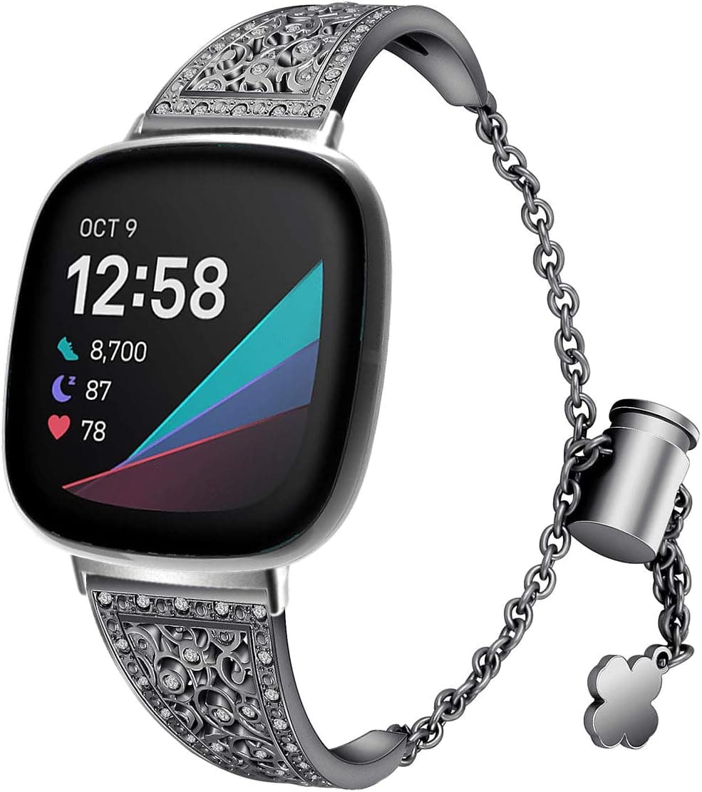 Compatible with Fitbit Versa 4/Versa 3/ Fitbit Sense /Sense 2 Band for Women, Replacement Bling Metal Strap Stainless Steel Metal Jewelry Bangle Wrist Strap Bracelet Rhinestone Accessories for Sense 2/Versa 4 (Black)