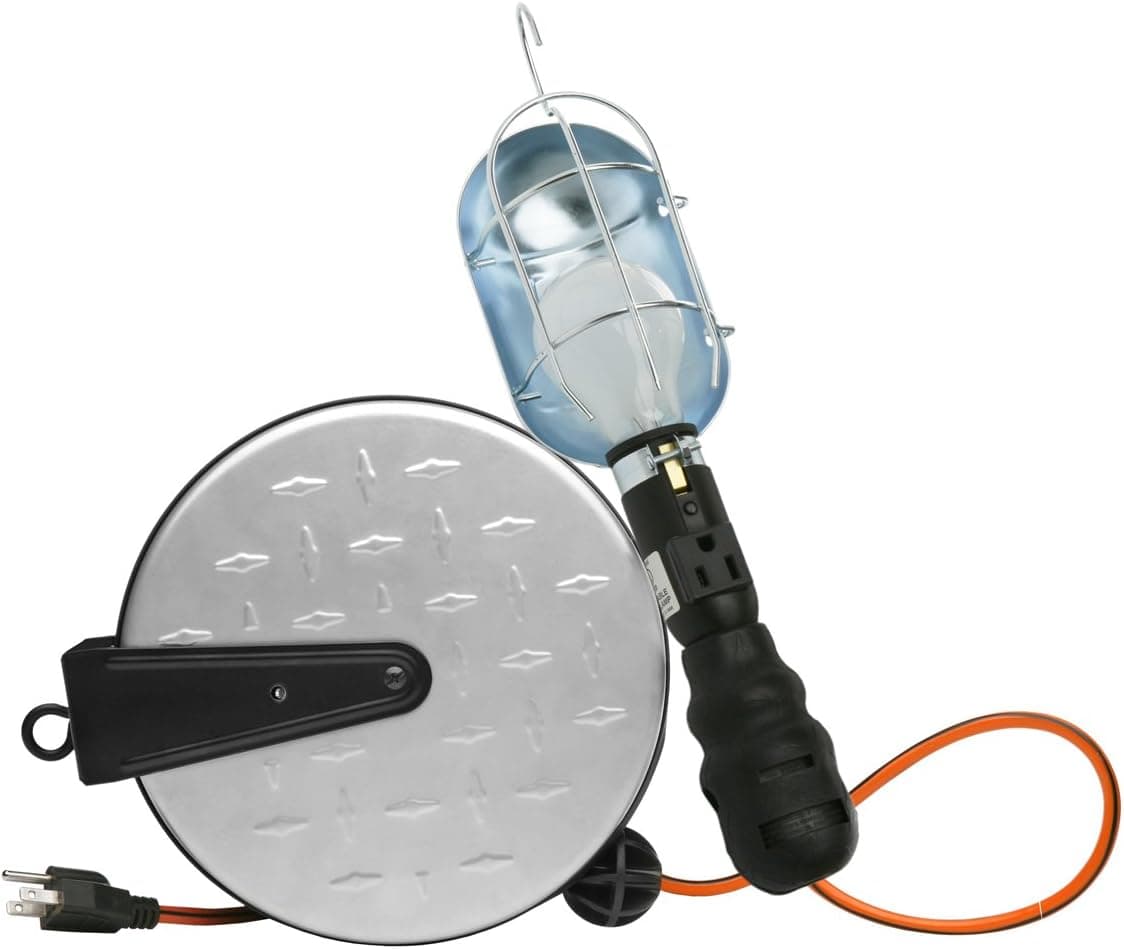 Designers Edge E251 Retractable Extension Cord Reel with Metal Incandescent Work Light, Chrome, 25-Foot