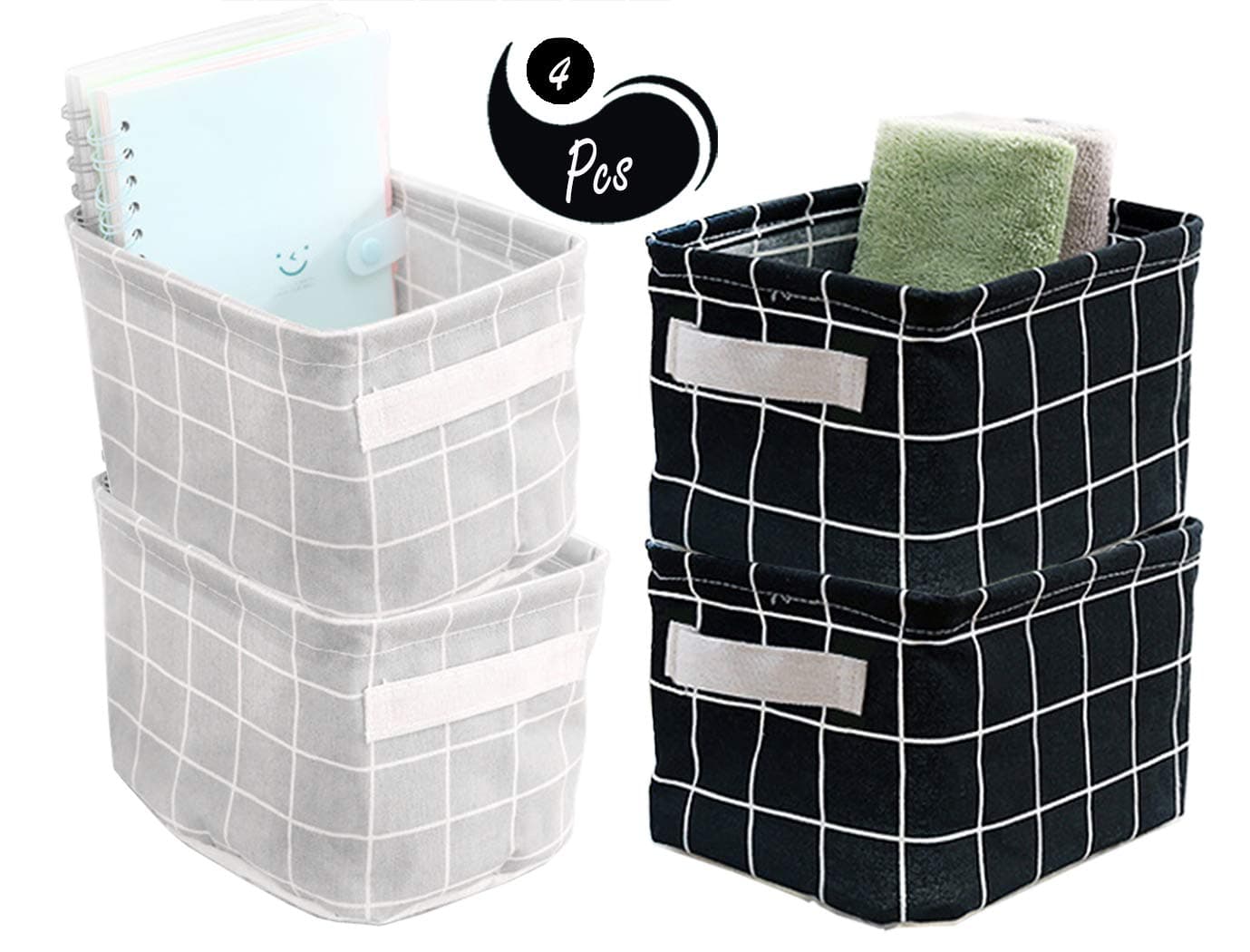 AARAINBOW 4 Packs Storage Basket Bins Canvas Mini Storage Cubes Storage Basket for Makeup, Toys Liners, Books Storage Baskets with Handles for Shelves & Desks (2Black+2Gray)