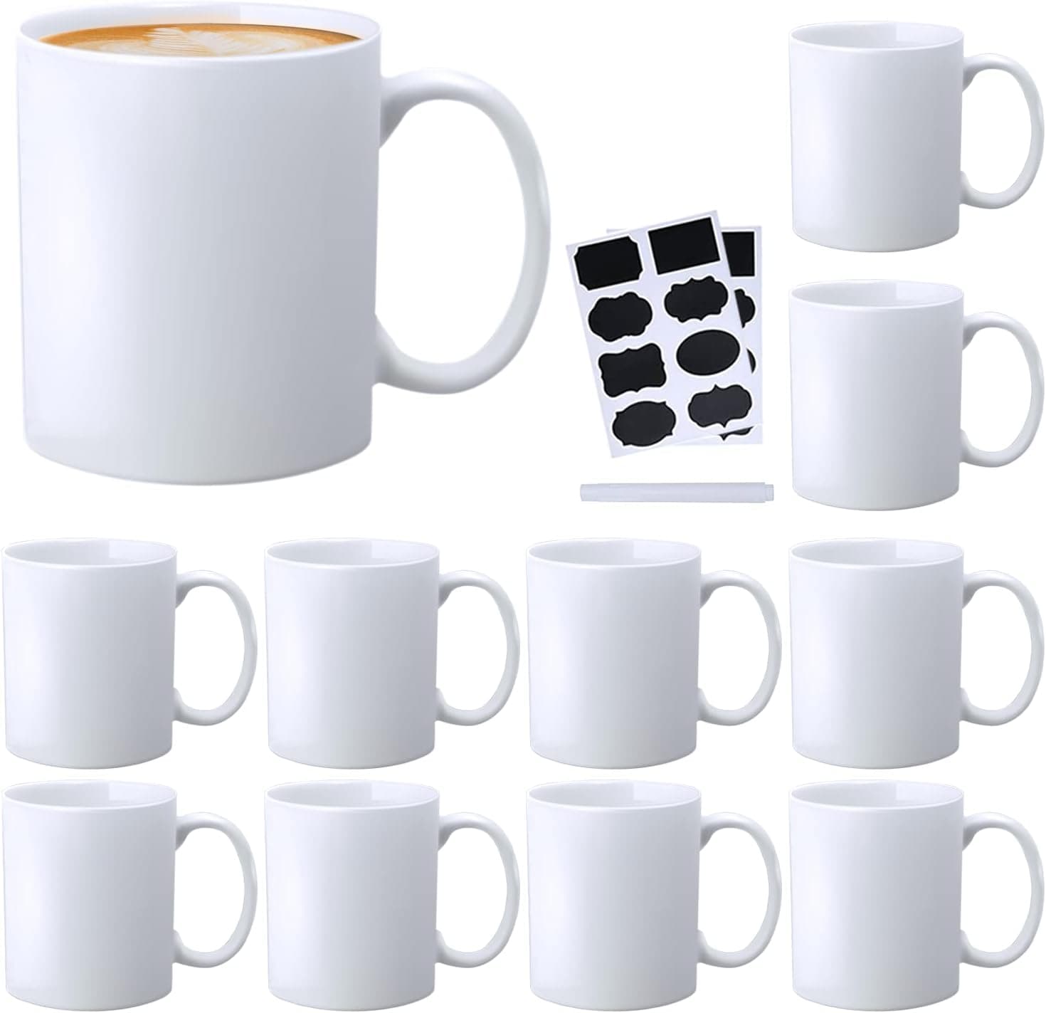 Ceramic Coffee Mug,White Tea Mug ,Classic Drinking Cups with Handle,11 OZ Cups Set of 12, for Hot or Cold Drinks like Cocoa, Milk, Tea or Water(Labels & Chalk Marker)