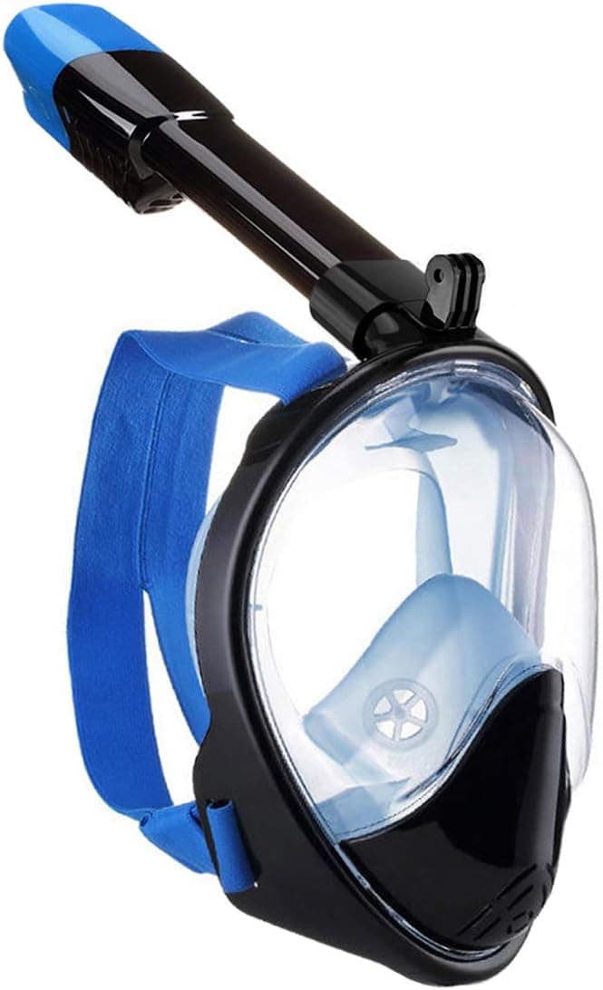 Poppin Kicks Full Face Snorkel Mask for Adult Youth and Kids | 180° Panoramic View Anti-Fog & Anti-Leak Easy Breathe Snorkeling Set with Detachable Camera Mount Black Blue S/M