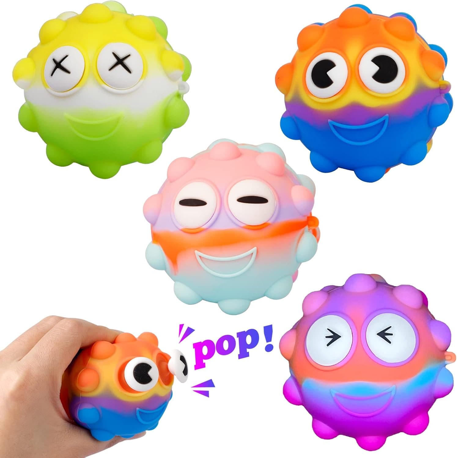 Hidesaku Pop Balls Fidget It Toys, Fidget Ball Pop Stress Balls Fidget Toy Pop Fidget Ball Pop Out Eyes Squeeze Toy Stress Balls for Kids Adults 4 PCS