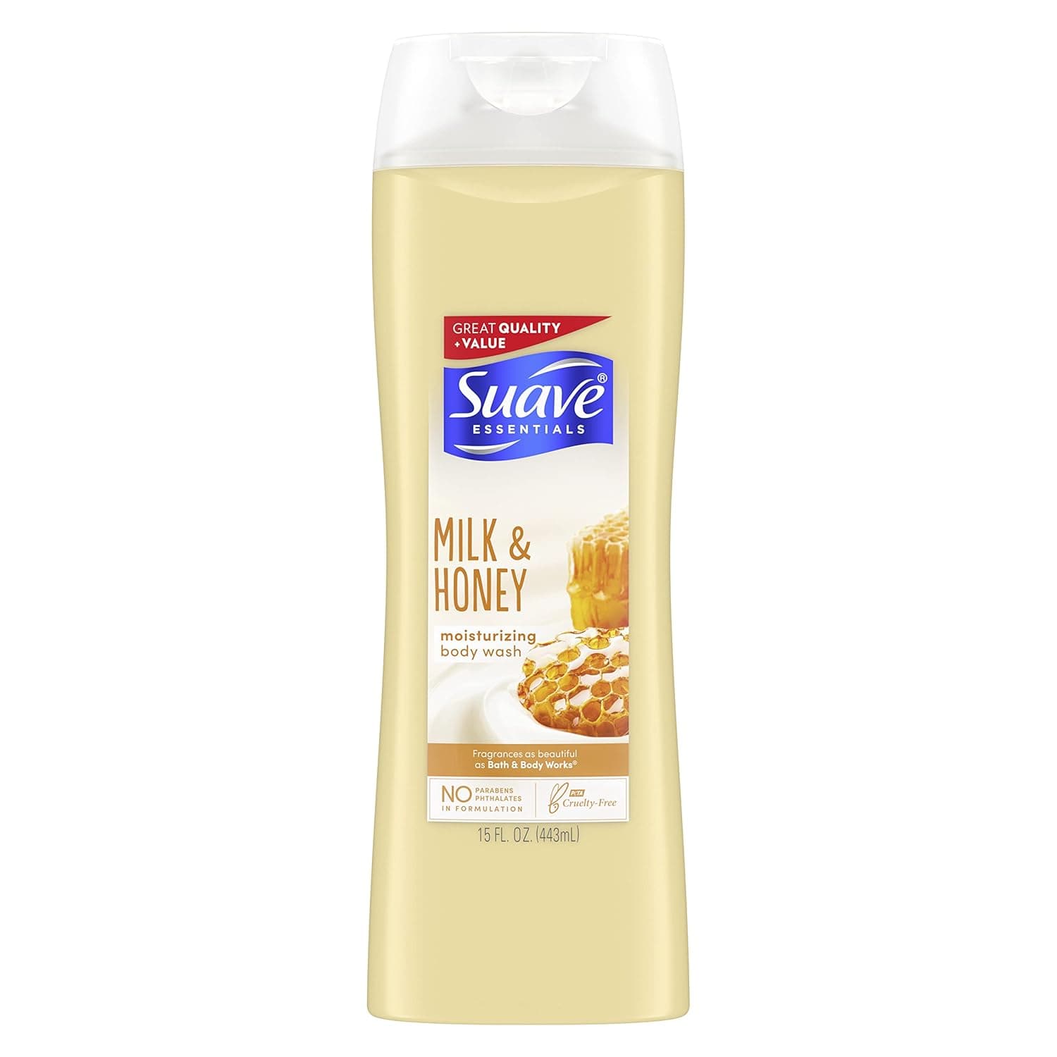 Suave Essentials Body Wash For Moisturized & Pampered Skin, Milk and Honey with Vitamin E 15 oz