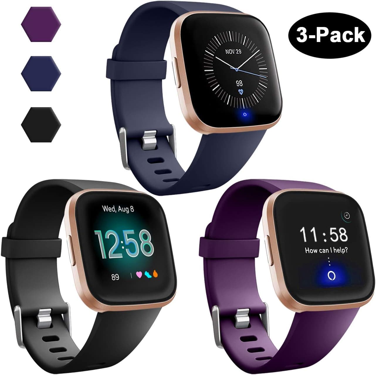 GEAK Sports Bands for Fitbit Versa/Fitbit Versa 2/Fitbit Versa Lite,Soft Waterproof Wristbands Accessories Compatible Fitbit Versa Smartwatch for Women Men,3 Pack Small Large