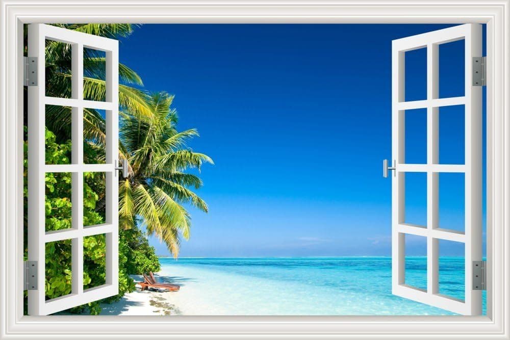 3D Vinyl Wall Decals Beach Theme Window Frame Style Palm Tree Ocean Wall Decor Stickers Removable Seascape Mural Art Poster for Bathroom-24"x36"
