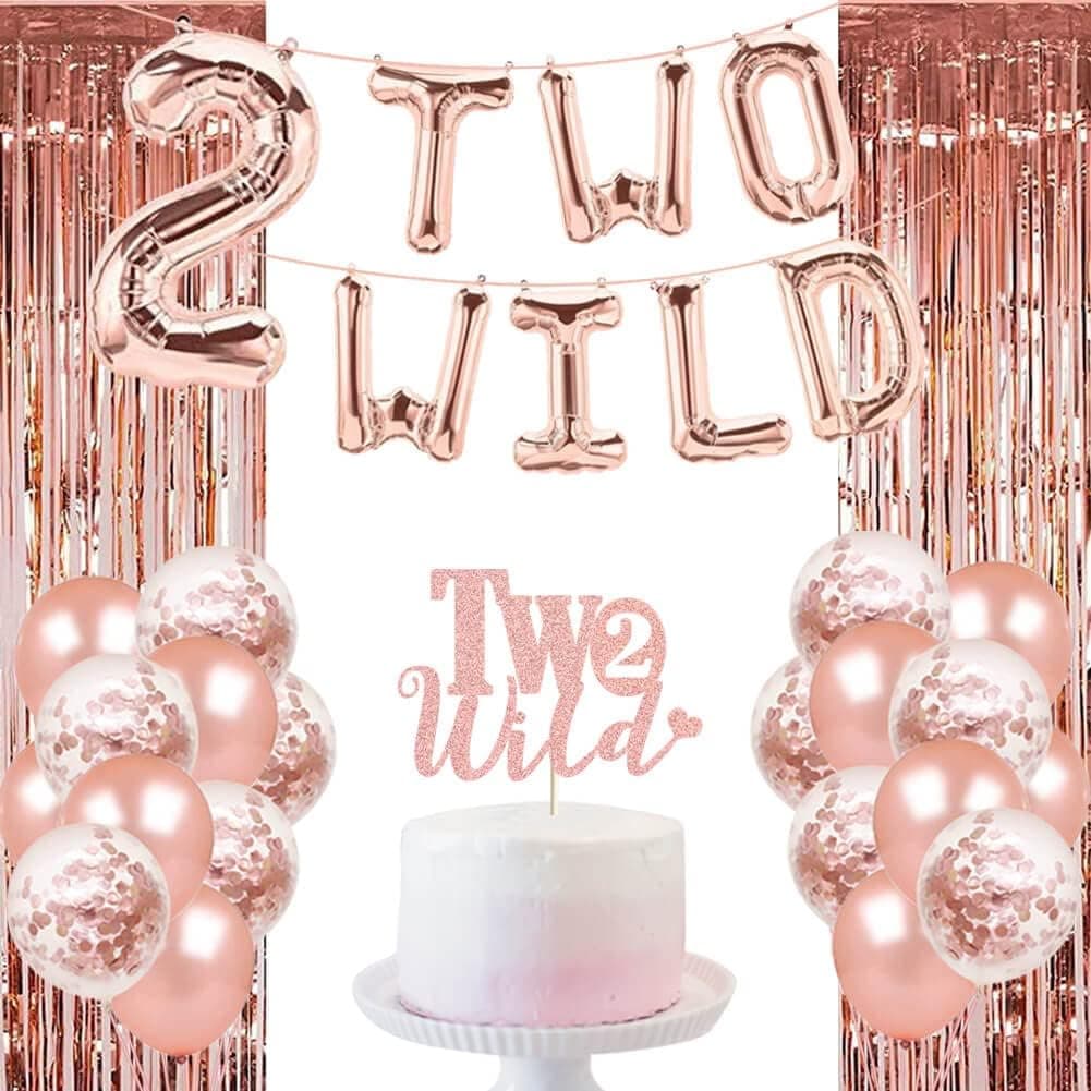 Two Wild 2nd Birthday Party Decorations, Rose Gold Two Wild Cake Topper Fringe Curtain Wild Two Balloons Boho Tribal Jungle Safari Too Cute Themed Girl 2nd Birthday Party Supplies Decorations
