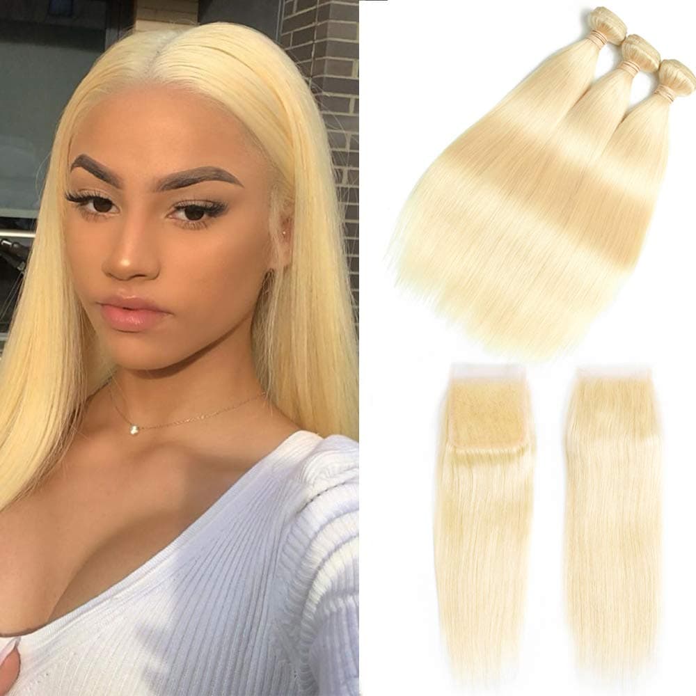 613 Blonde Bundles With Closure 613 Platinum Blonde Human Hair 3 Bundles With Transparent Color Lace Closure 4x4 Brazlian Straight Remy Hair Extension Can Be Dyed (222426+20inch, bundles with closure)
