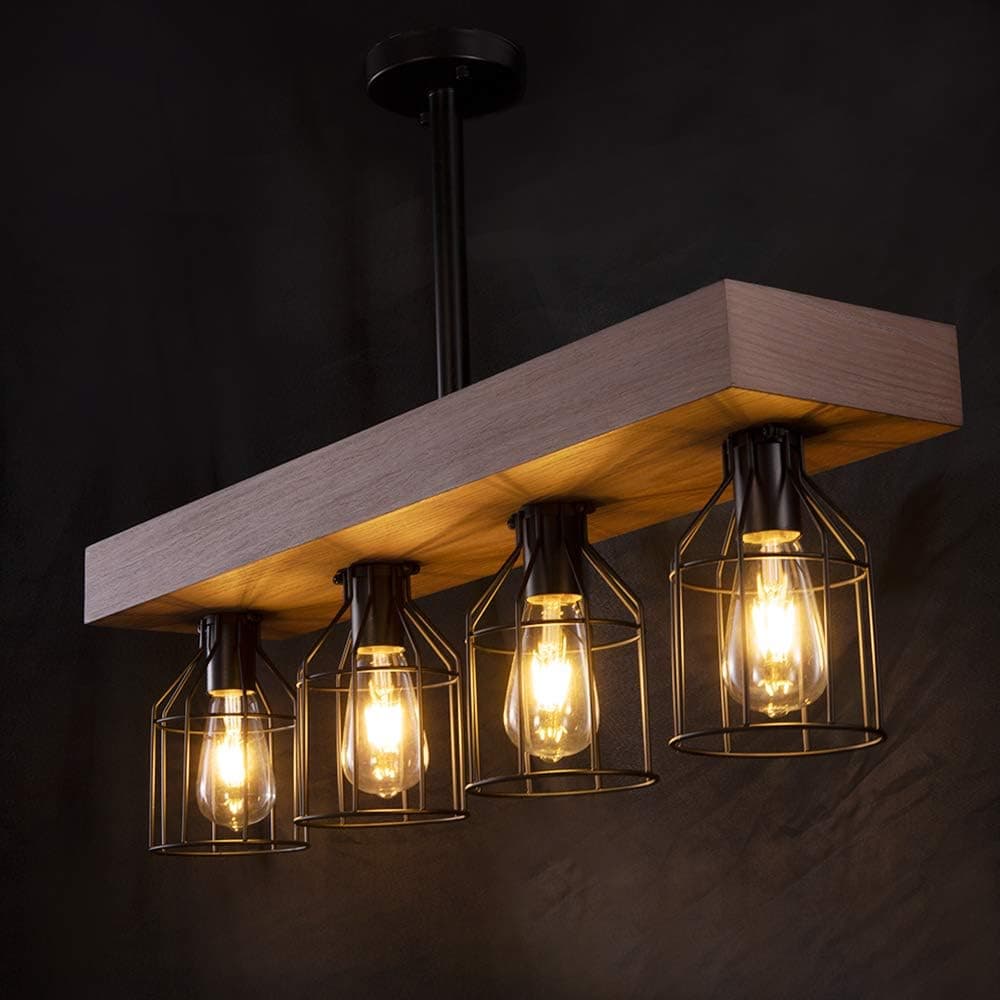 Wellmet Farmhouse Chandelier with Metal Cages, Rustic Chandelier for Dinning Room, 4 Lights Chandeliers Hanging Light for Living Room, Kitchen Island Lighting, Pool Table Light (Bronze Wood)