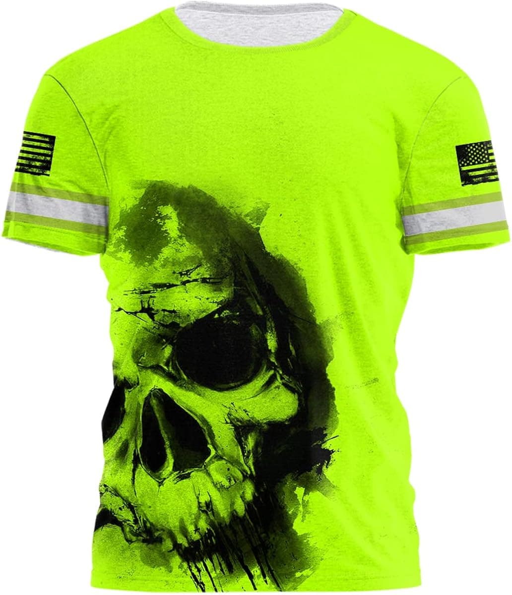 Matedecor Skull High Visibility Shirt Men Reflective Safety Shirts US Flag Custom Name Workwear, Runners, Walkers, Patriotic