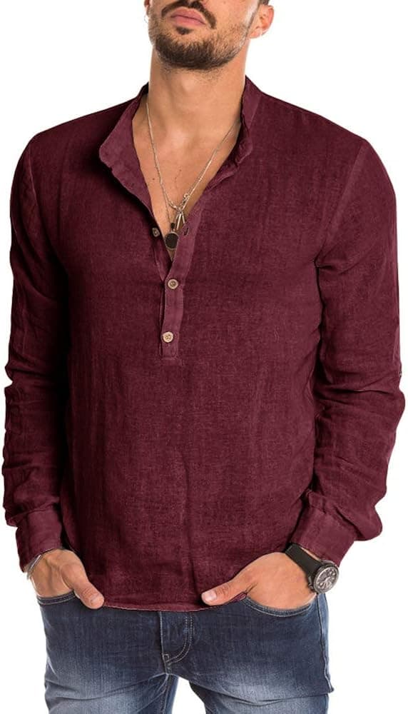 Mens Casual Linen Henley Shirts Button Down Shirts Long Sleeve Plain Tops