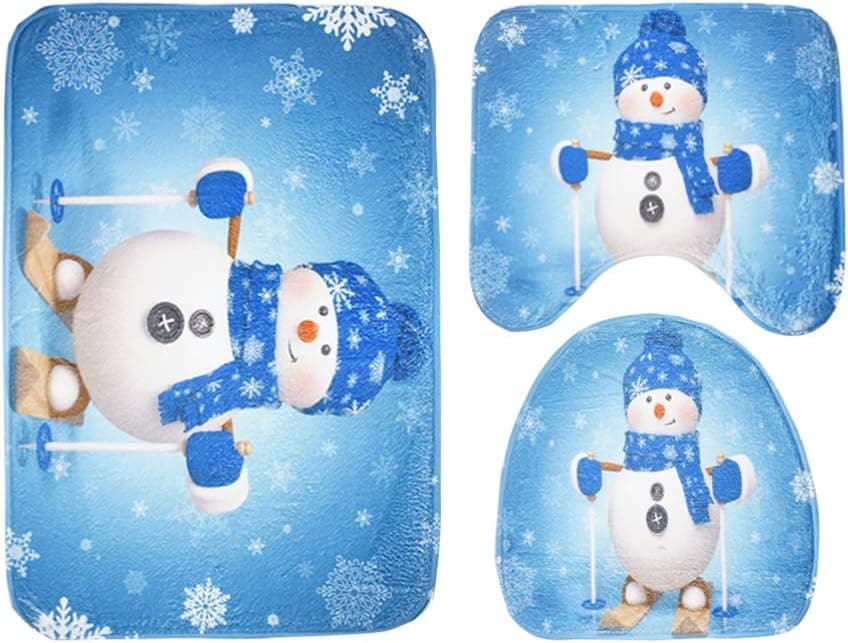 DOITOOL 3pcs Christmas Bathroom Mat Set Christmas Toilet Seat Cover Non-Slip Bath Rugs for Christmas Bathroom Decor (Snowman with Blue Scarf)