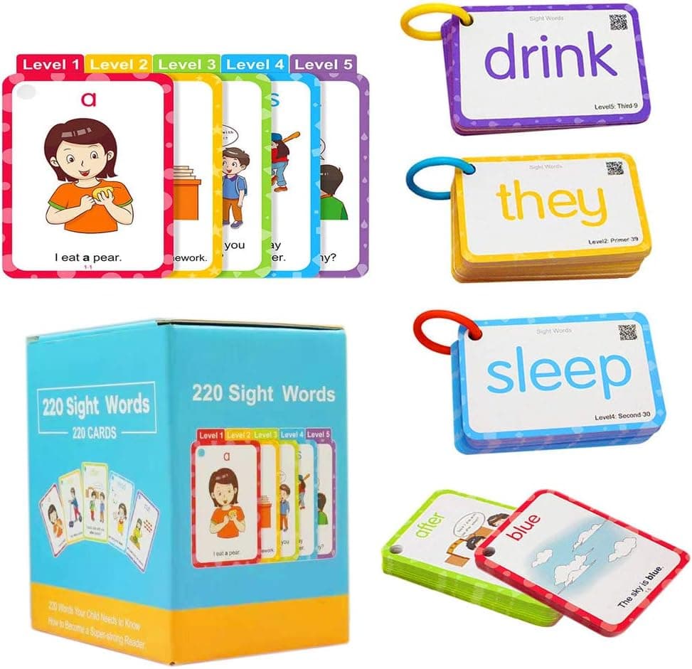 220 Sight Words Flash Cards, English Flash Card for Toddlers, High-Frequency Vocabulary flashcard kit Suitable for 4-9 Years Old Preschool, Kindergarten and First, Second and Third Grade