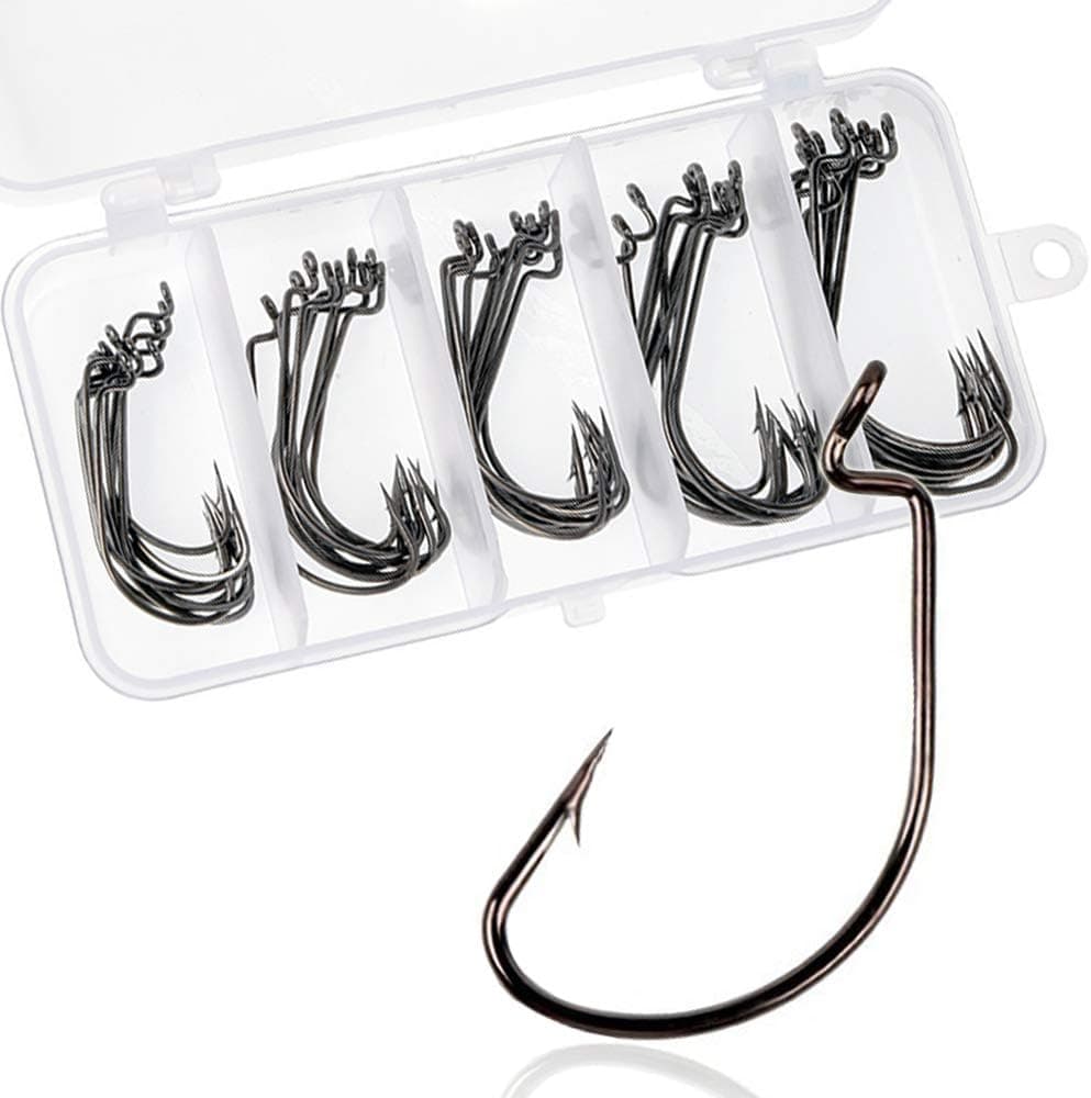 VIPMOON Fishing Hooks, 50PCS High Carbon Steel Soft Bait Jig Fish Hooks with Plastic Box - 5 Sizes: 2#, 1#, 1/0, 2/0, 3/0