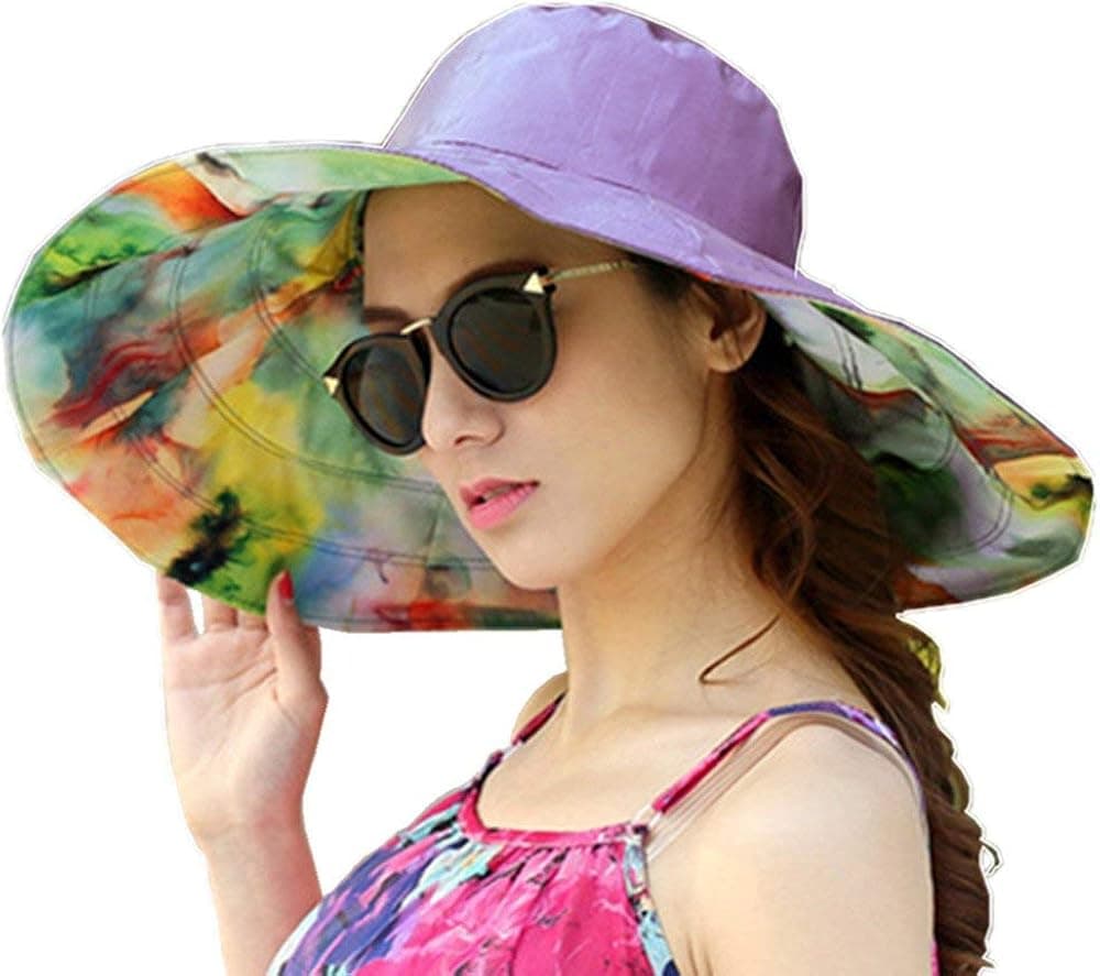 Reversible Summer Sun Hat for Women UPF50 Beach Foldable Bucket Wide Brim Anti-UV Protection Outside Travel Vacation Cap