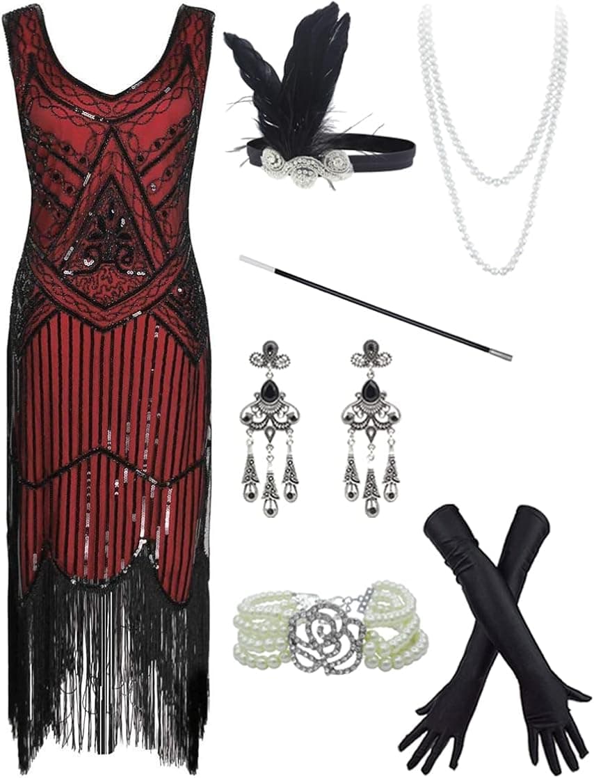 FUNDAISY 20s Flapper Gatsby Sequin Beaded Evening Cocktail Dress with Accessories Set