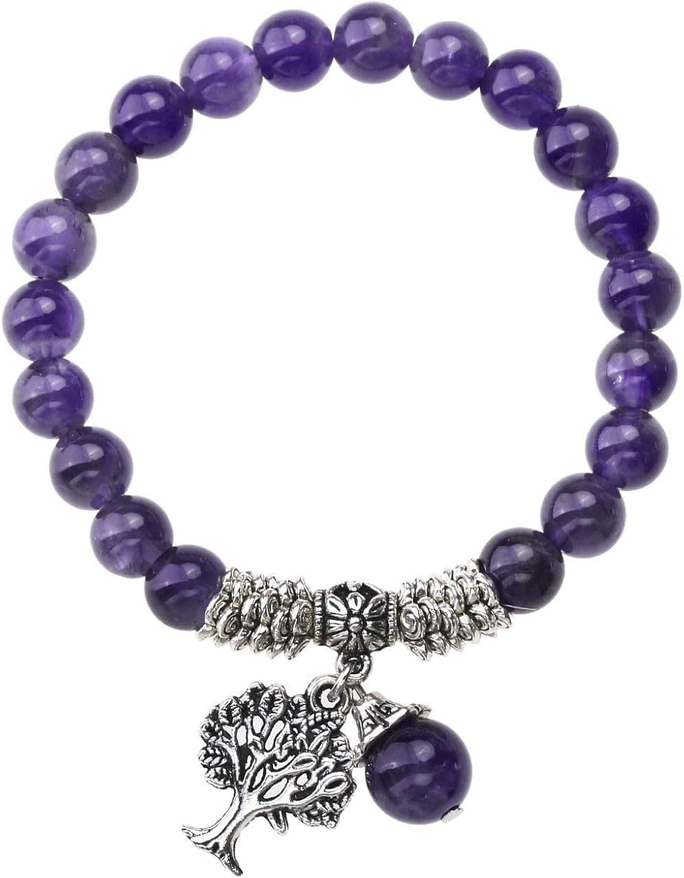 Jovivi 8MM Purple Amethyst Natural Gemstone Tree of Life Lucky Charm Stretch Bracelet