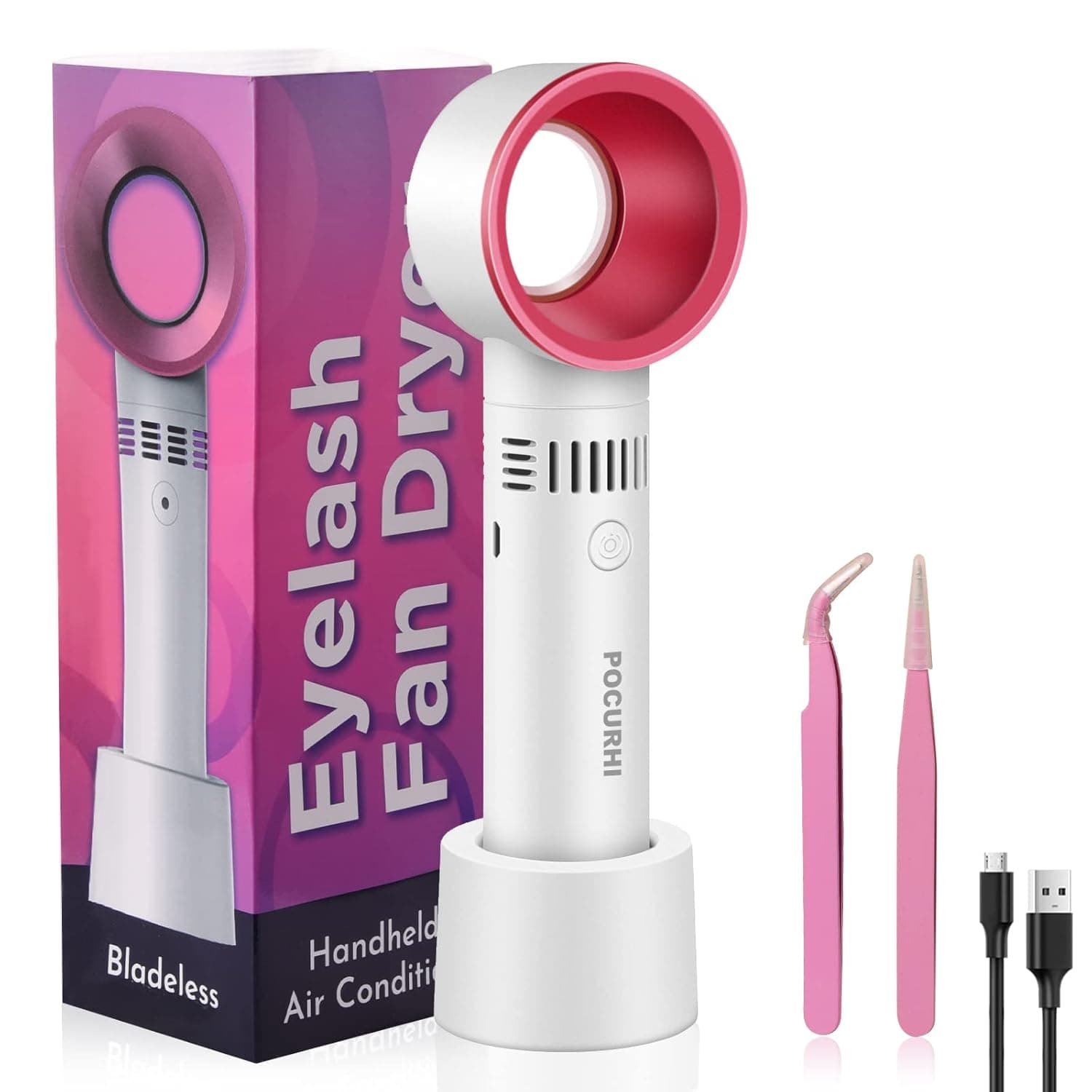 Eyelash Fan Dryer with Lash Tweezers, Portable USB Rechargeable Bladeless Mini Fan Handheld Air Conditioning Blower Cooling Dryer for Essential Eyelash Extension Lash Supplies (White)