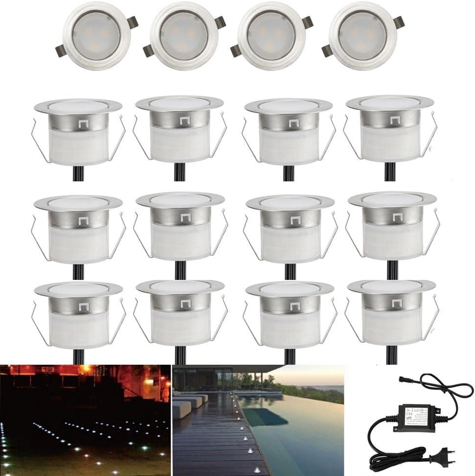 LED Deck Lights Kit, Low Voltage 10 pcs Waterproof IP65 Φ1.22 Recessed Deck Lamp Cold White LED In-ground Lighting Outdoor Garden Yard Pathway Patio Step Stairs Landscape Decor Lamps