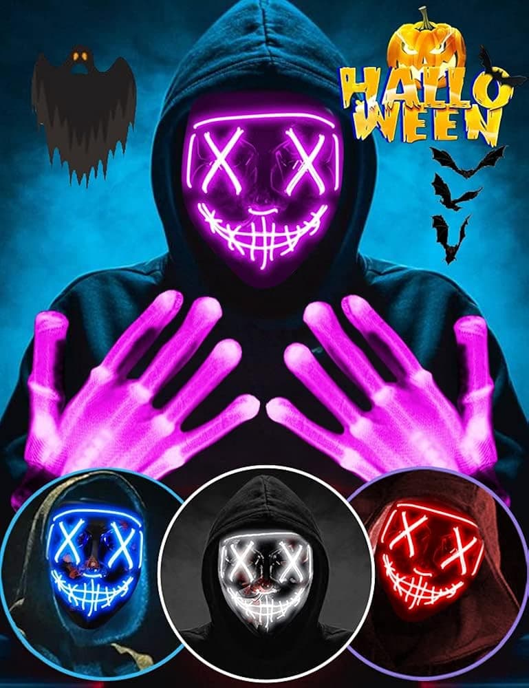 Lamgoa Halloween Mask LED Light Up Purge Mask with LED Gloves, Scary Glow Mask Costume with El Wire for Men Women Kids Halloween Festival Cosplay Masquerade Parties Carnival Purple