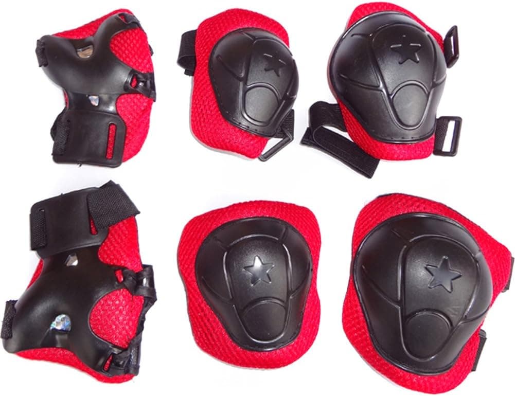 Nsstar 6pcs Kid Children Roller Bicycle Bike Skateboard Extreme Sports Bogu Protector Guards Pads Sport Protective Gear Safety Pad Safeguard Knee Elbow Wrist Support Pad Set (Style 2:Black&Red)