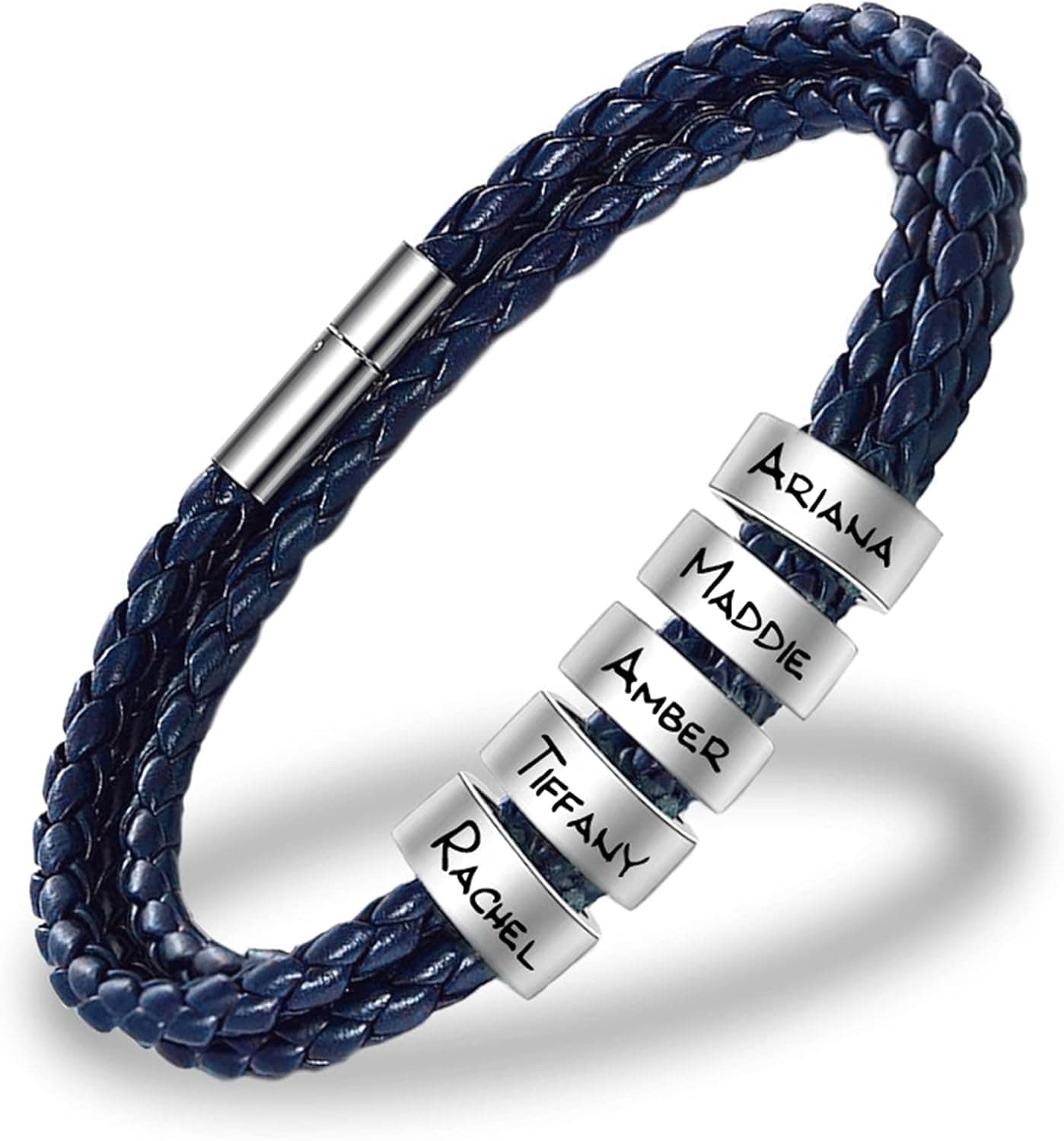 Mens Leather Bracelets with 1-8 Engraved Beads Name, Custom Name Braid Bracelet Personalized Men's ID Bracelet for Dad, Grandpa
