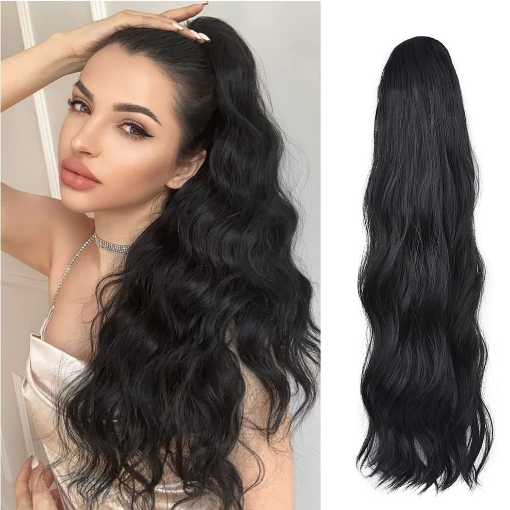 Ponytail Extension Drawstring 24 Inch Long Curly Wavy PonyTail Natural Soft Clip Claw in Hair Extension Synthetic Hairpiece for Women