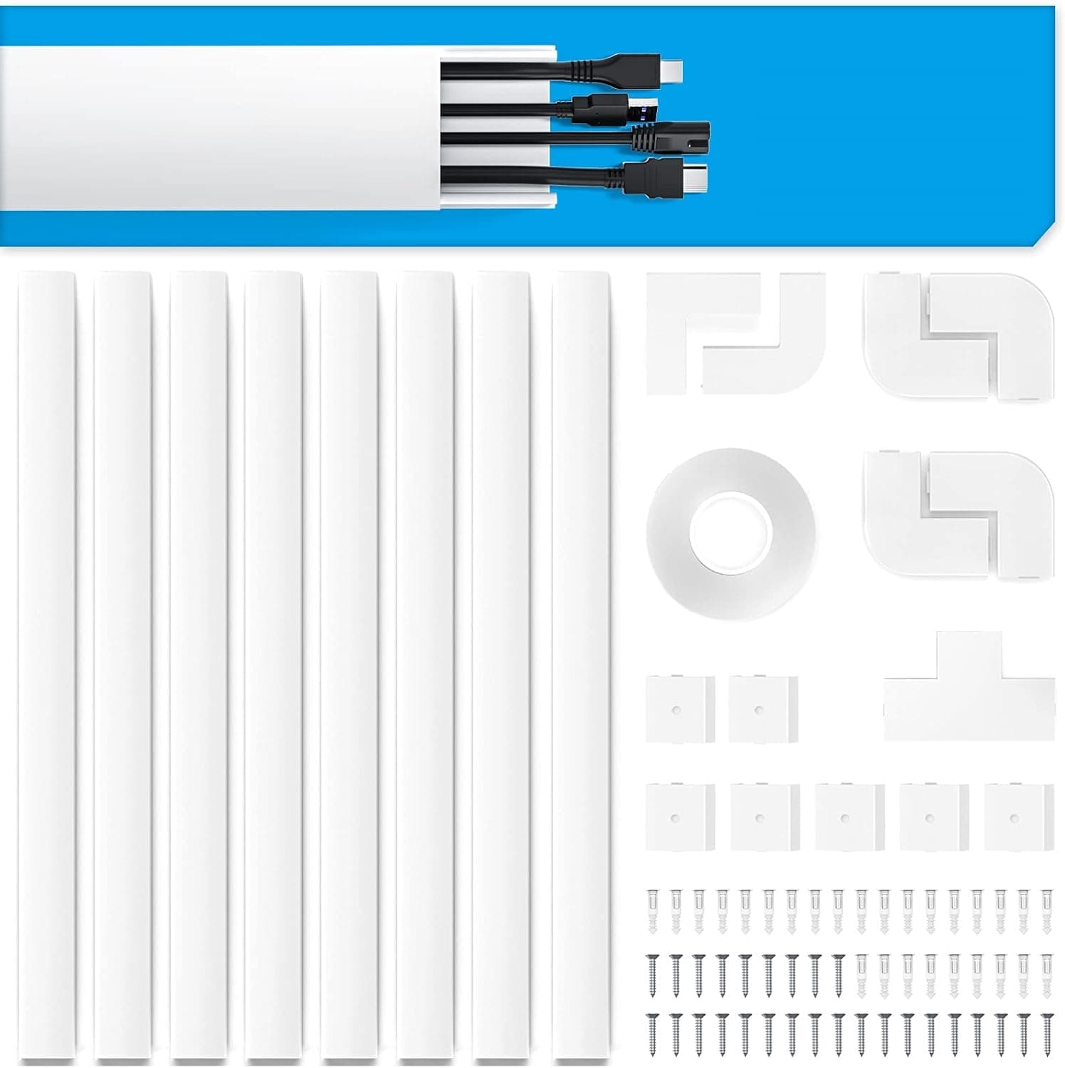 125in Cord Cover, Large Cable Concealer - Cable Raceway Wall Cable Management - Wire Hider for Mount TV System - Paintable On-Wall Cable Hider - CMC01-Large, 8X L15.7in W1.18in H0.6in, Large, White