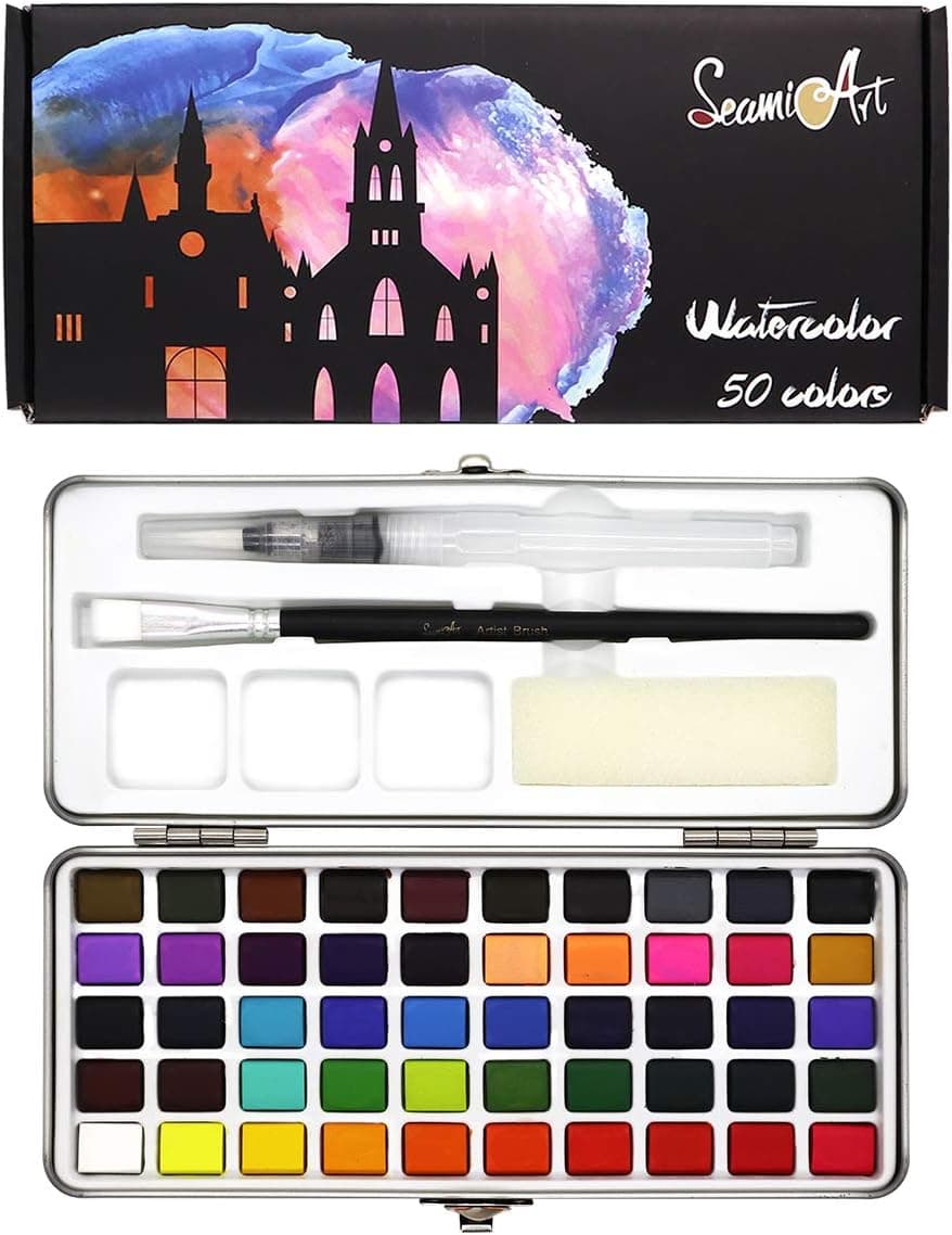 SEAMIART Watercolor Paint Set for Adults Kids, 50 Vivid Colors in Gift Box with Water Brush Pen for Artist Kids Travel Water Color Palette Kit