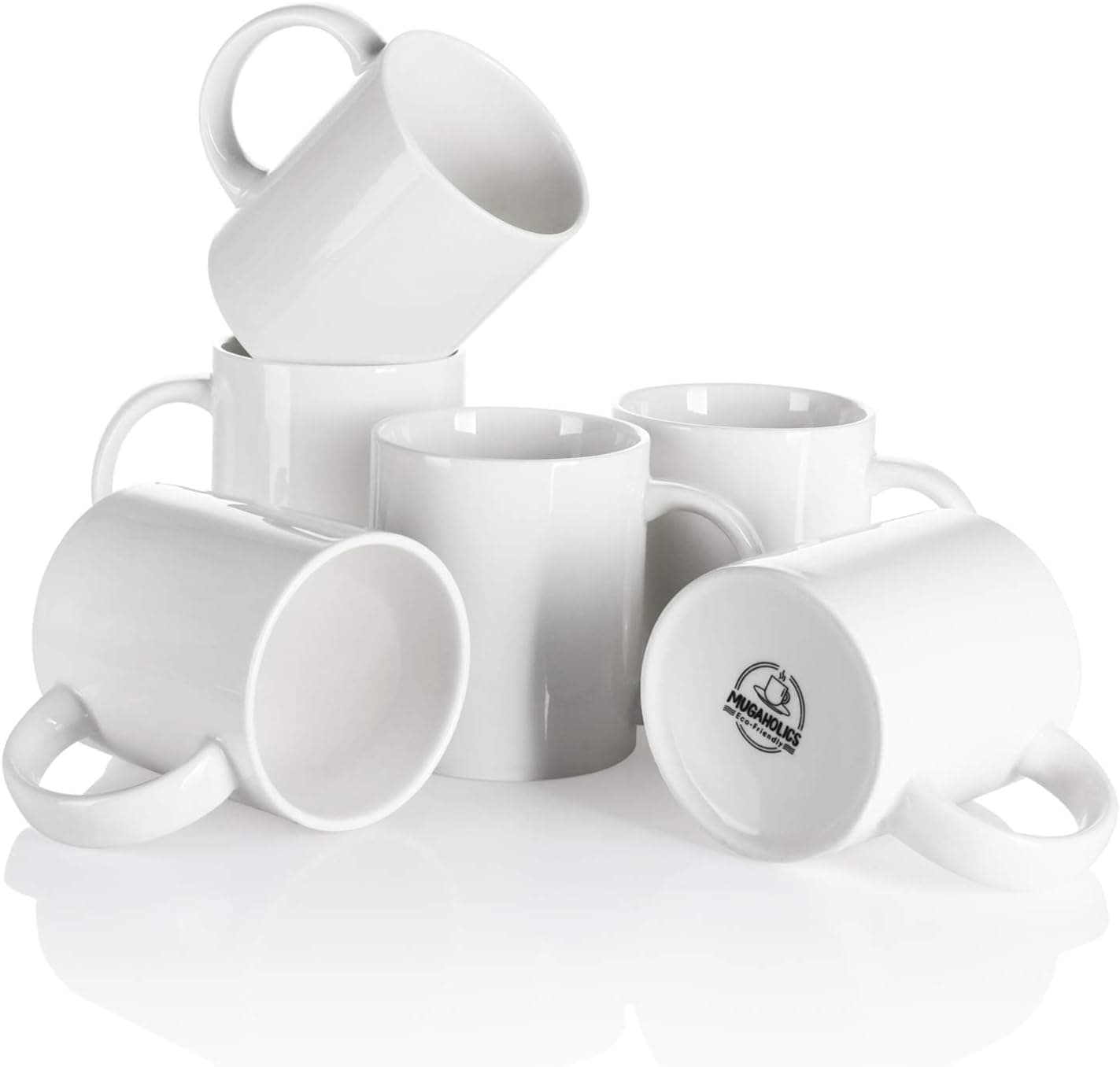 Mugaholics Porcelain Coffee Mug Set - 11oz Coffee Mug for Coffee, Tea, Cocoa - Set of 6, White