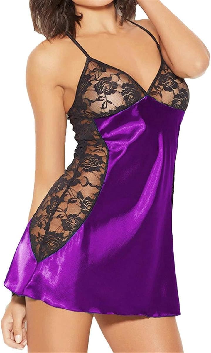 ZoePets Women Plus Size Babydoll Lace Stian Silks Patchwork Lingerie Side Floral Lace Sleep Dress