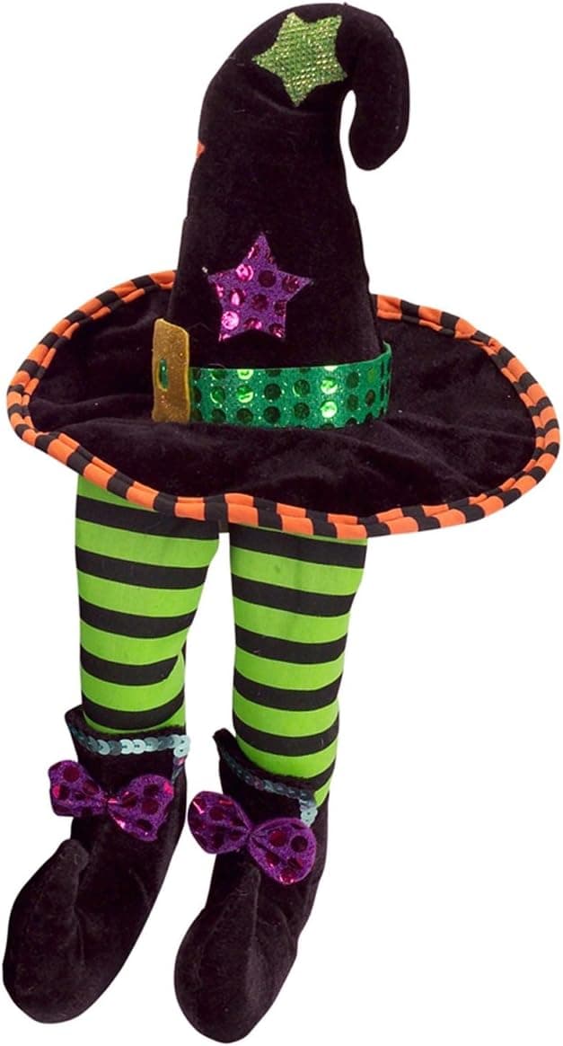 Melrose 14" Decorative Plush Green and Black Witch Hat Shelf Sitter Halloween Decoration